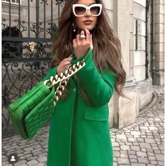 Zara Buttoned Tailored Coat XS Kelly Green Double Breasted Blogger Favorite - Picture 15 of 16